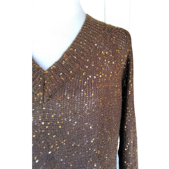 Soft Surroundings Chocolate Brown Gold Sequin Open Knit V Neck Size Medium - Picture 5 of 9